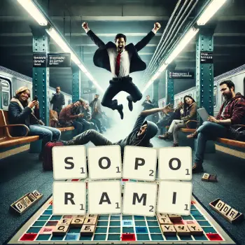 Kreatywna ilustracja do gry w Scrabble ze słowem SOPORAMI ułożonym z płytek na planszy.
