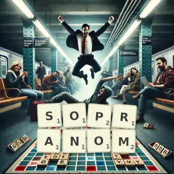 Kreatywna ilustracja do gry w Scrabble ze słowem SOPRANOM ułożonym z płytek na planszy.