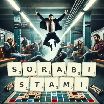 Kreatywna ilustracja do gry w Scrabble ze słowem SORABISTAMI ułożonym z płytek na planszy.