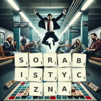Kreatywna ilustracja do gry w Scrabble ze słowem SORABISTYCZNA ułożonym z płytek na planszy.