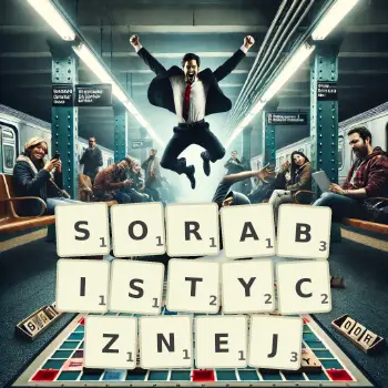 Kreatywna ilustracja do gry w Scrabble ze słowem SORABISTYCZNEJ ułożonym z płytek na planszy.