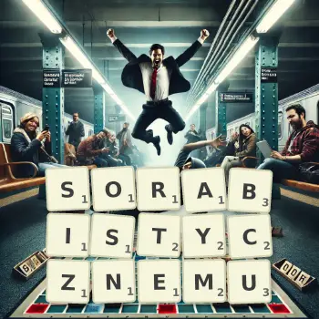 Kreatywna ilustracja do gry w Scrabble ze słowem SORABISTYCZNEMU ułożonym z płytek na planszy.