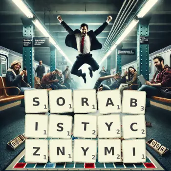 Kreatywna ilustracja do gry w Scrabble ze słowem SORABISTYCZNYMI ułożonym z płytek na planszy.