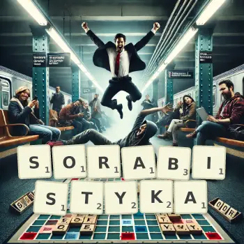Kreatywna ilustracja do gry w Scrabble ze słowem SORABISTYKA ułożonym z płytek na planszy.