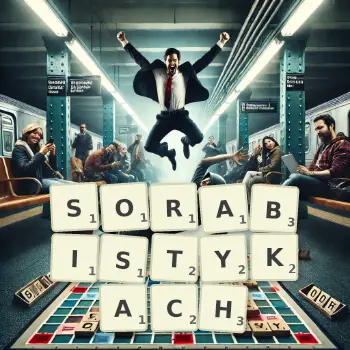 Kreatywna ilustracja do gry w Scrabble ze słowem SORABISTYKACH ułożonym z płytek na planszy.