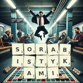 Kreatywna ilustracja do gry w Scrabble ze słowem SORABISTYKAMI ułożonym z płytek na planszy.