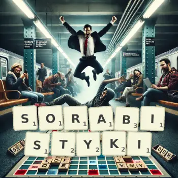 Kreatywna ilustracja do gry w Scrabble ze słowem SORABISTYKI ułożonym z płytek na planszy.