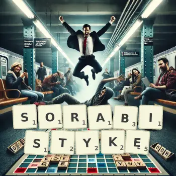 Kreatywna ilustracja do gry w Scrabble ze słowem SORABISTYKĘ ułożonym z płytek na planszy.