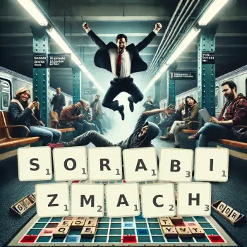 Kreatywna ilustracja do gry w Scrabble ze słowem SORABIZMACH ułożonym z płytek na planszy.