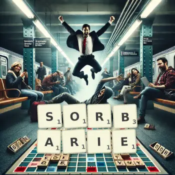 Kreatywna ilustracja do gry w Scrabble ze słowem SORBARIE ułożonym z płytek na planszy.