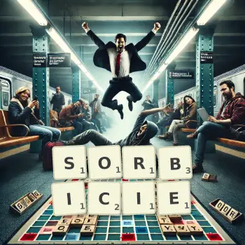 Kreatywna ilustracja do gry w Scrabble ze słowem SORBICIE ułożonym z płytek na planszy.