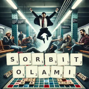 Kreatywna ilustracja do gry w Scrabble ze słowem SORBITOLAMI ułożonym z płytek na planszy.