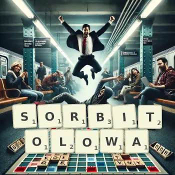 Kreatywna ilustracja do gry w Scrabble ze słowem SORBITOLOWA ułożonym z płytek na planszy.