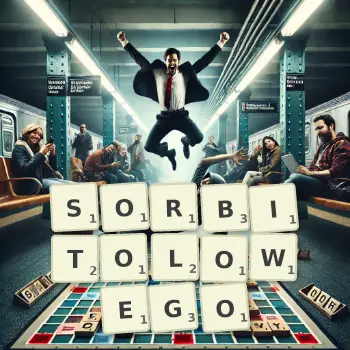 Kreatywna ilustracja do gry w Scrabble ze słowem SORBITOLOWEGO ułożonym z płytek na planszy.