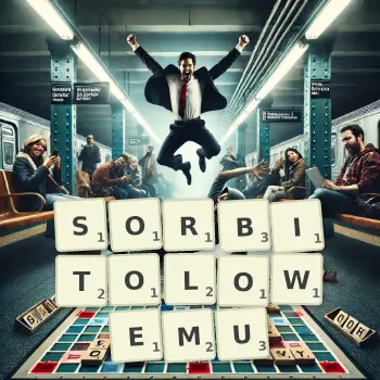 Kreatywna ilustracja do gry w Scrabble ze słowem SORBITOLOWEMU ułożonym z płytek na planszy.