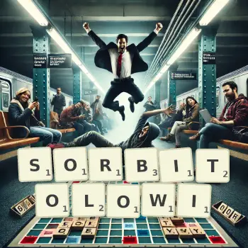 Kreatywna ilustracja do gry w Scrabble ze słowem SORBITOLOWI ułożonym z płytek na planszy.