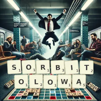 Kreatywna ilustracja do gry w Scrabble ze słowem SORBITOLOWĄ ułożonym z płytek na planszy.