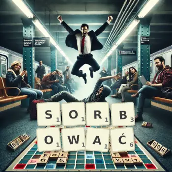 Kreatywna ilustracja do gry w Scrabble ze słowem SORBOWAĆ ułożonym z płytek na planszy.