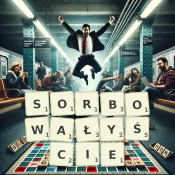 Kreatywna ilustracja do gry w Scrabble ze słowem SORBOWAŁYŚCIE ułożonym z płytek na planszy.