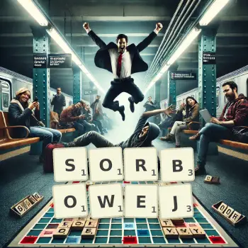 Kreatywna ilustracja do gry w Scrabble ze słowem SORBOWEJ ułożonym z płytek na planszy.