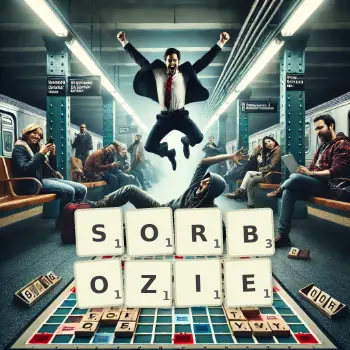 Kreatywna ilustracja do gry w Scrabble ze słowem SORBOZIE ułożonym z płytek na planszy.