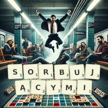 Kreatywna ilustracja do gry w Scrabble ze słowem SORBUJĄCYMI ułożonym z płytek na planszy.
