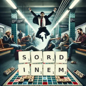 Kreatywna ilustracja do gry w Scrabble ze słowem SORDINEM ułożonym z płytek na planszy.