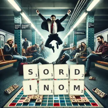 Kreatywna ilustracja do gry w Scrabble ze słowem SORDINOM ułożonym z płytek na planszy.