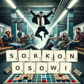 Kreatywna ilustracja do gry w Scrabble ze słowem SORKONOSOWI ułożonym z płytek na planszy.