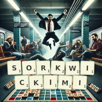 Kreatywna ilustracja do gry w Scrabble ze słowem SORKWICKIMI ułożonym z płytek na planszy.