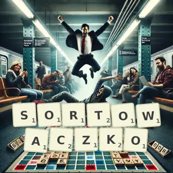 Kreatywna ilustracja do gry w Scrabble ze słowem SORTOWACZKO ułożonym z płytek na planszy.