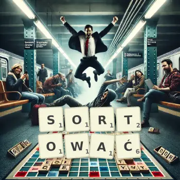 Kreatywna ilustracja do gry w Scrabble ze słowem SORTOWAĆ ułożonym z płytek na planszy.