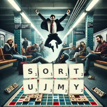 Kreatywna ilustracja do gry w Scrabble ze słowem SORTUJMY ułożonym z płytek na planszy.