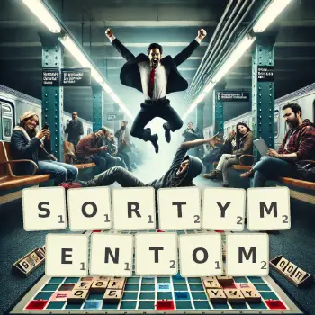 Kreatywna ilustracja do gry w Scrabble ze słowem SORTYMENTOM ułożonym z płytek na planszy.