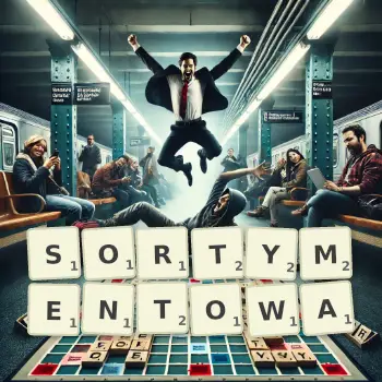 Kreatywna ilustracja do gry w Scrabble ze słowem SORTYMENTOWA ułożonym z płytek na planszy.