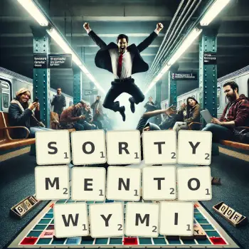 Kreatywna ilustracja do gry w Scrabble ze słowem SORTYMENTOWYMI ułożonym z płytek na planszy.