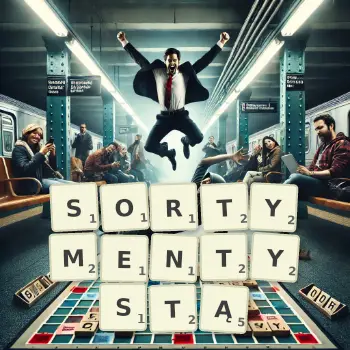 Kreatywna ilustracja do gry w Scrabble ze słowem SORTYMENTYSTĄ ułożonym z płytek na planszy.