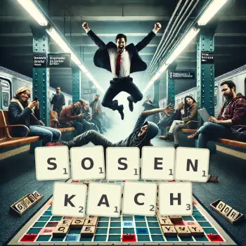 Kreatywna ilustracja do gry w Scrabble ze słowem SOSENKACH ułożonym z płytek na planszy.