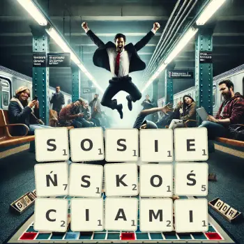 Kreatywna ilustracja do gry w Scrabble ze słowem SOSIEŃSKOŚCIAMI ułożonym z płytek na planszy.