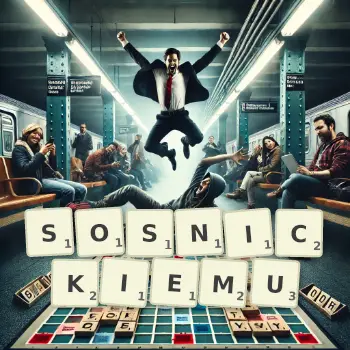 Kreatywna ilustracja do gry w Scrabble ze słowem SOSNICKIEMU ułożonym z płytek na planszy.