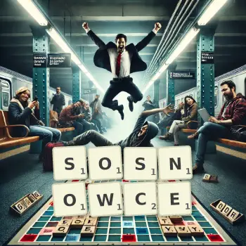 Kreatywna ilustracja do gry w Scrabble ze słowem SOSNOWCE ułożonym z płytek na planszy.