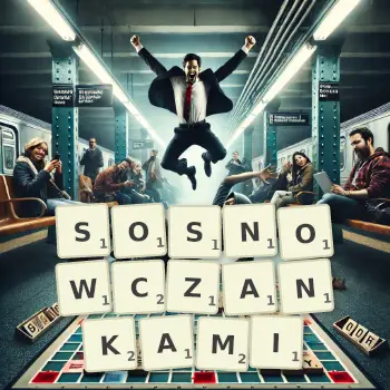 Kreatywna ilustracja do gry w Scrabble ze słowem SOSNOWCZANKAMI ułożonym z płytek na planszy.