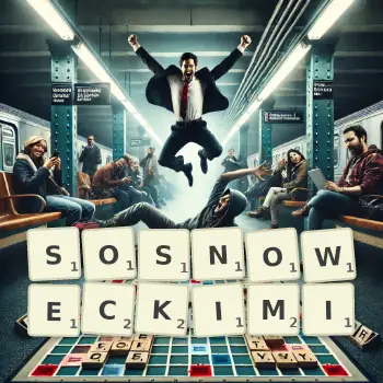 Kreatywna ilustracja do gry w Scrabble ze słowem SOSNOWECKIMI ułożonym z płytek na planszy.