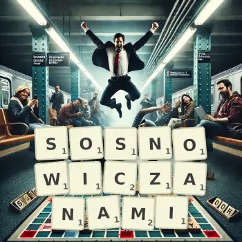 Kreatywna ilustracja do gry w Scrabble ze słowem SOSNOWICZANAMI ułożonym z płytek na planszy.