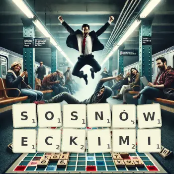 Kreatywna ilustracja do gry w Scrabble ze słowem SOSNÓWECKIMI ułożonym z płytek na planszy.