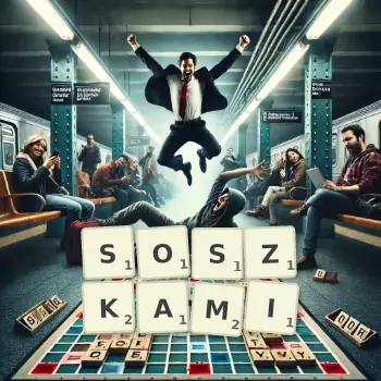 Kreatywna ilustracja do gry w Scrabble ze słowem SOSZKAMI ułożonym z płytek na planszy.