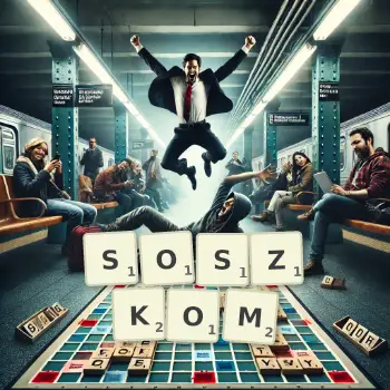 Kreatywna ilustracja do gry w Scrabble ze słowem SOSZKOM ułożonym z płytek na planszy.