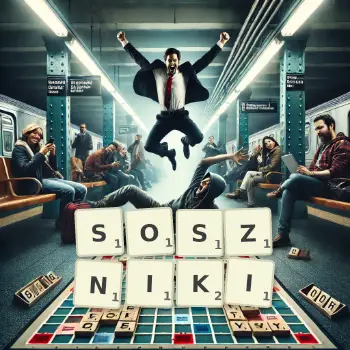 Kreatywna ilustracja do gry w Scrabble ze słowem SOSZNIKI ułożonym z płytek na planszy.