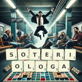 Kreatywna ilustracja do gry w Scrabble ze słowem SOTERIOLOGA ułożonym z płytek na planszy.