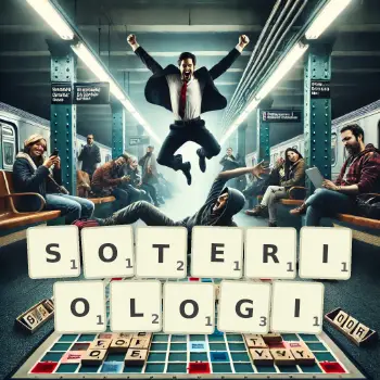 Kreatywna ilustracja do gry w Scrabble ze słowem SOTERIOLOGI ułożonym z płytek na planszy.